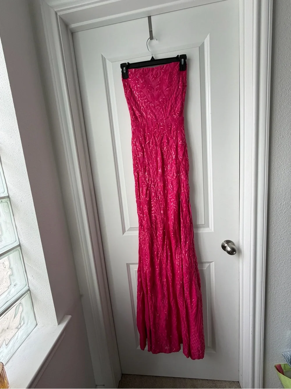 Windsor Fuchsia Sequin Lace Gown with Thigh Slit - Picture 2 of 5